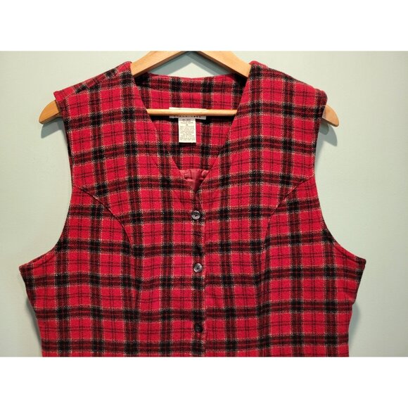 Vtg Eddie Bauer Wool Blend Red Plaid Sleeveless Button Up Dress Sz 16 - Picture 2 of 8
